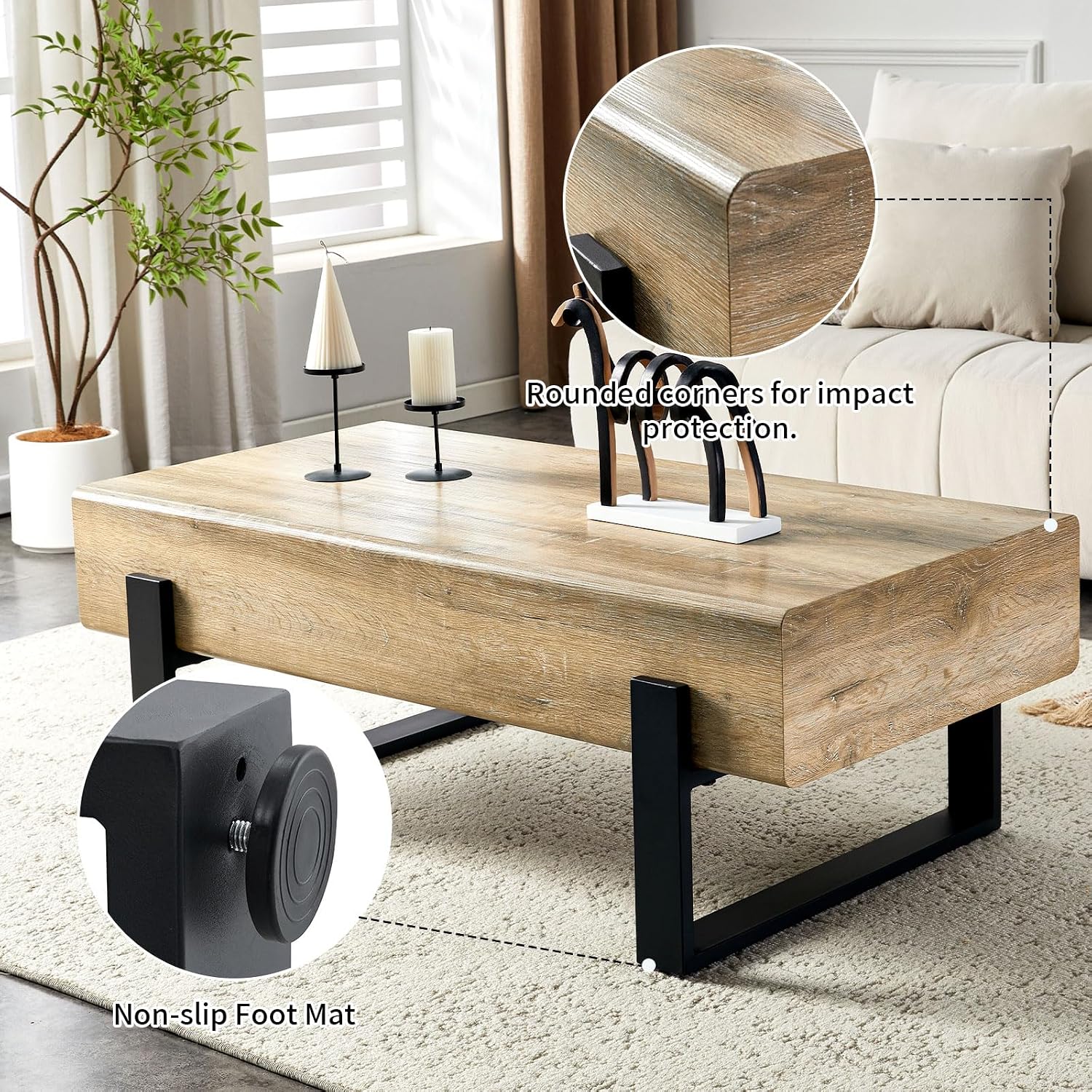 47.24' Rectangle Coffee Table, Wood Coffee Table Center Table with 7.8' Thick Tabletop Metal Legs Rounded Corners for Living Room Office, Natural Wood