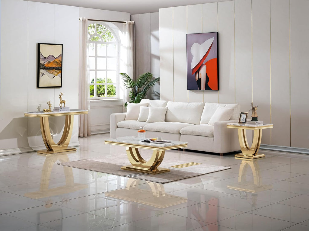 Marble Coffee Table Set of 3, 3 Piece Living Room Table Set Include 1 Coffee Table & 2 End Tables,Modern White Gold Coffee Table and End Table Sets with Double U Shape Stainless Steel Base