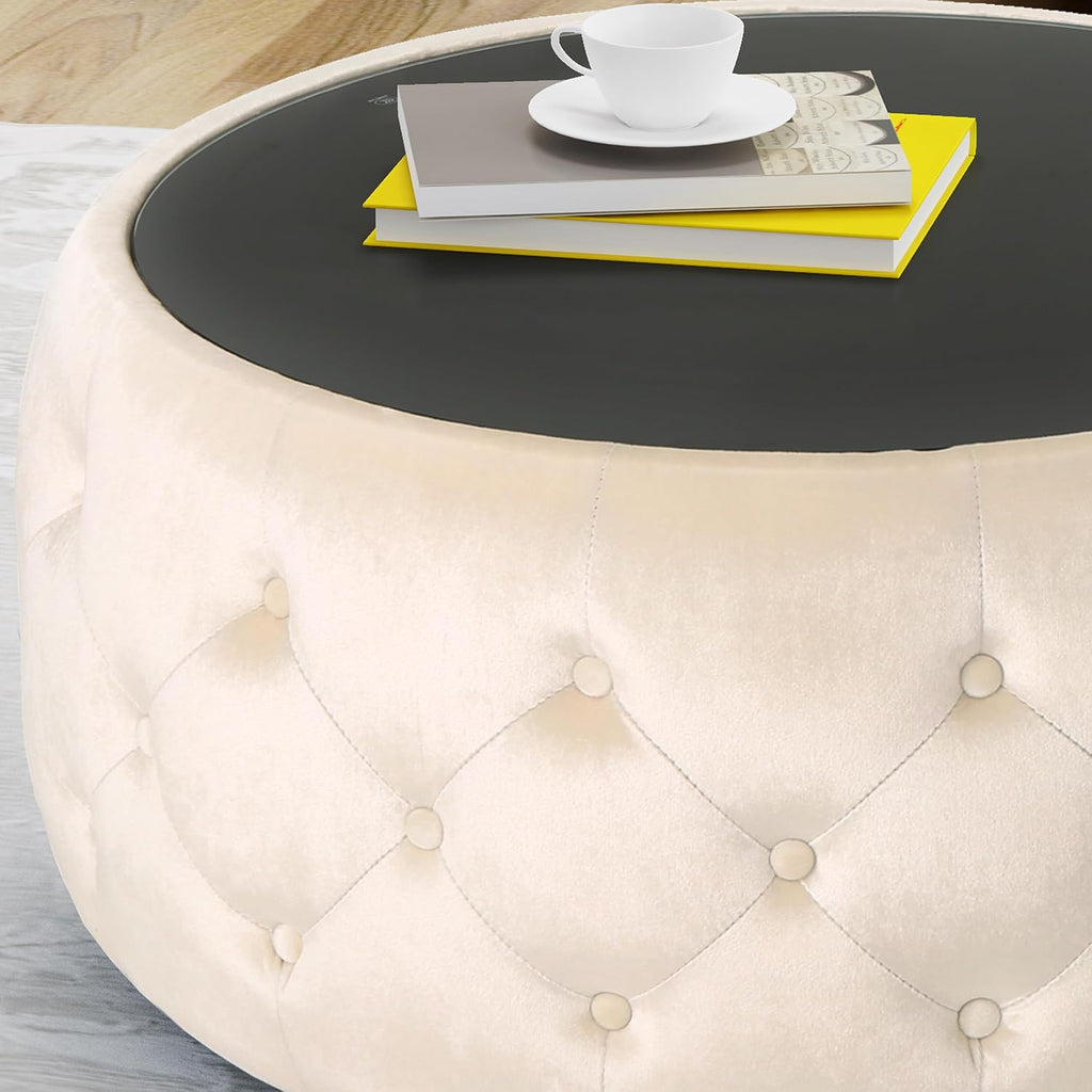 30' Round Velvet Ottoman Coffee Table, Button Tufted Coffee Table with Tempered Glass Top Modern Upholstered Tufted Velvet Cocktail Center Table for Living Room, Fully Assembled (Beige)