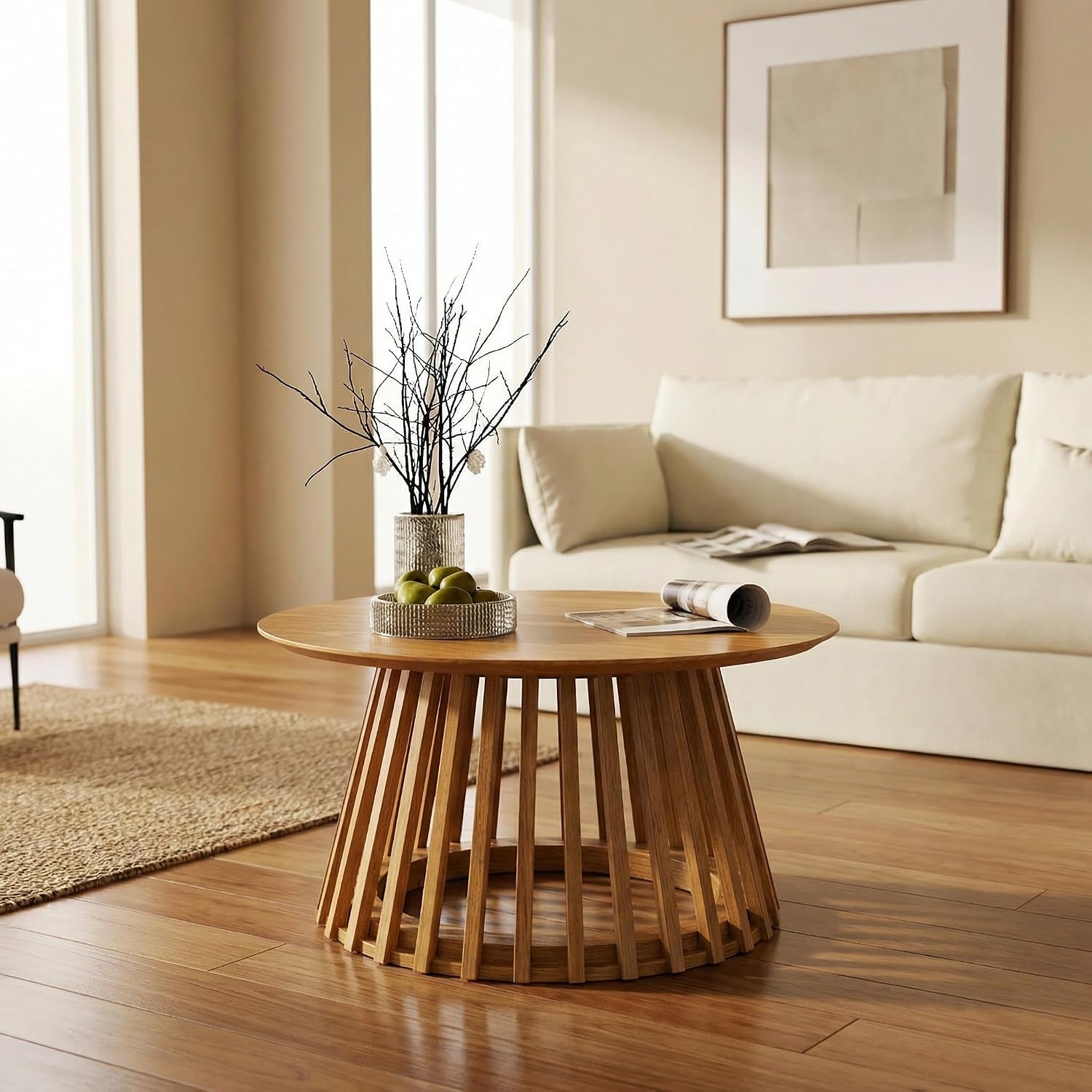 HNY Modern Round Coffee Table for Living Room, Mid Century Wood 31.5' Circle Small Center Table with Wooden Fluted Base for Home Small Space, Bedroom, Apartment, Studio, Natural
