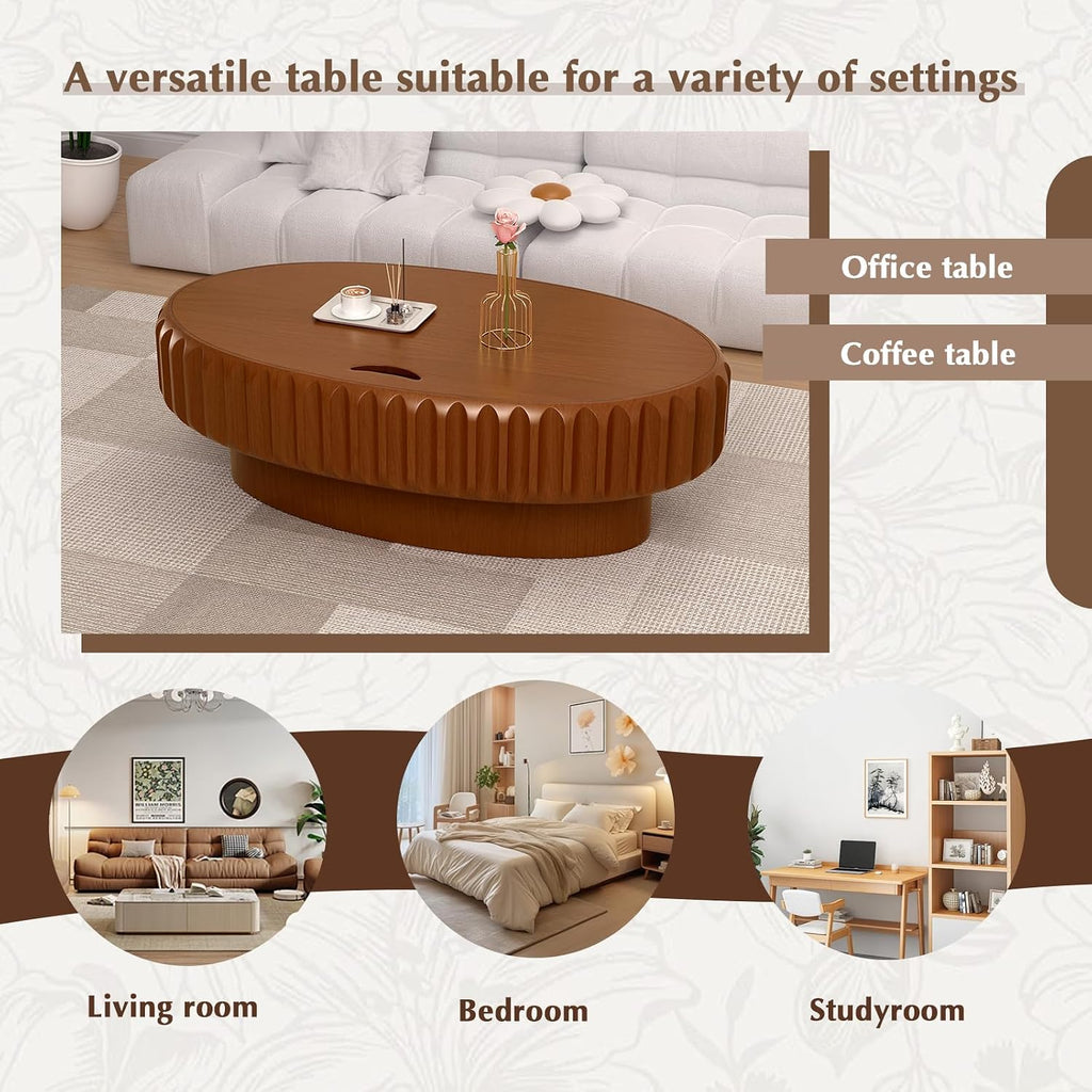Round Drum Coffee Table White Fluted Coffee Table Circle Center Table Pedestal End Table for Apartment (Oval 43.3in)