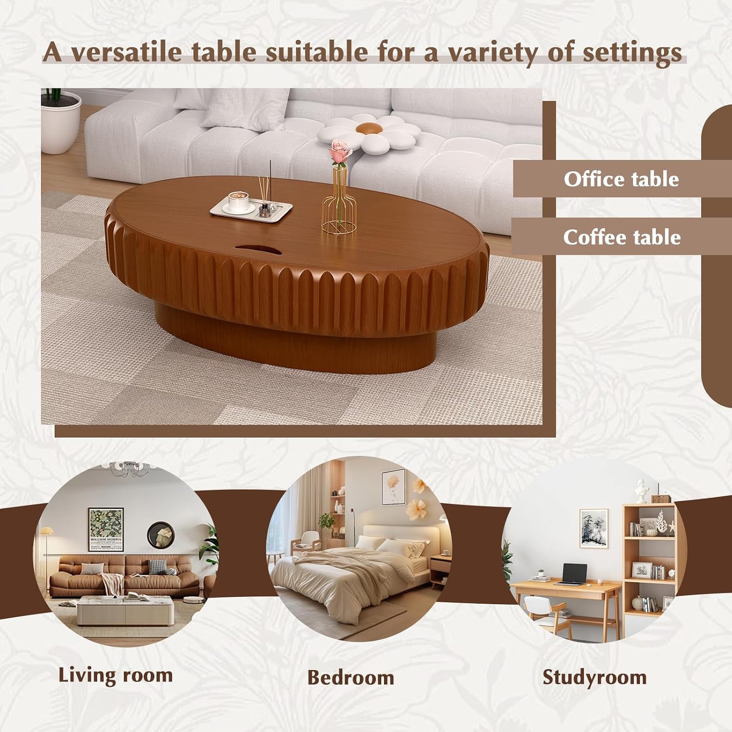 Round Drum Coffee Table White Fluted Coffee Table Circle Center Table Pedestal End Table for Apartment (Oval 43.3in)