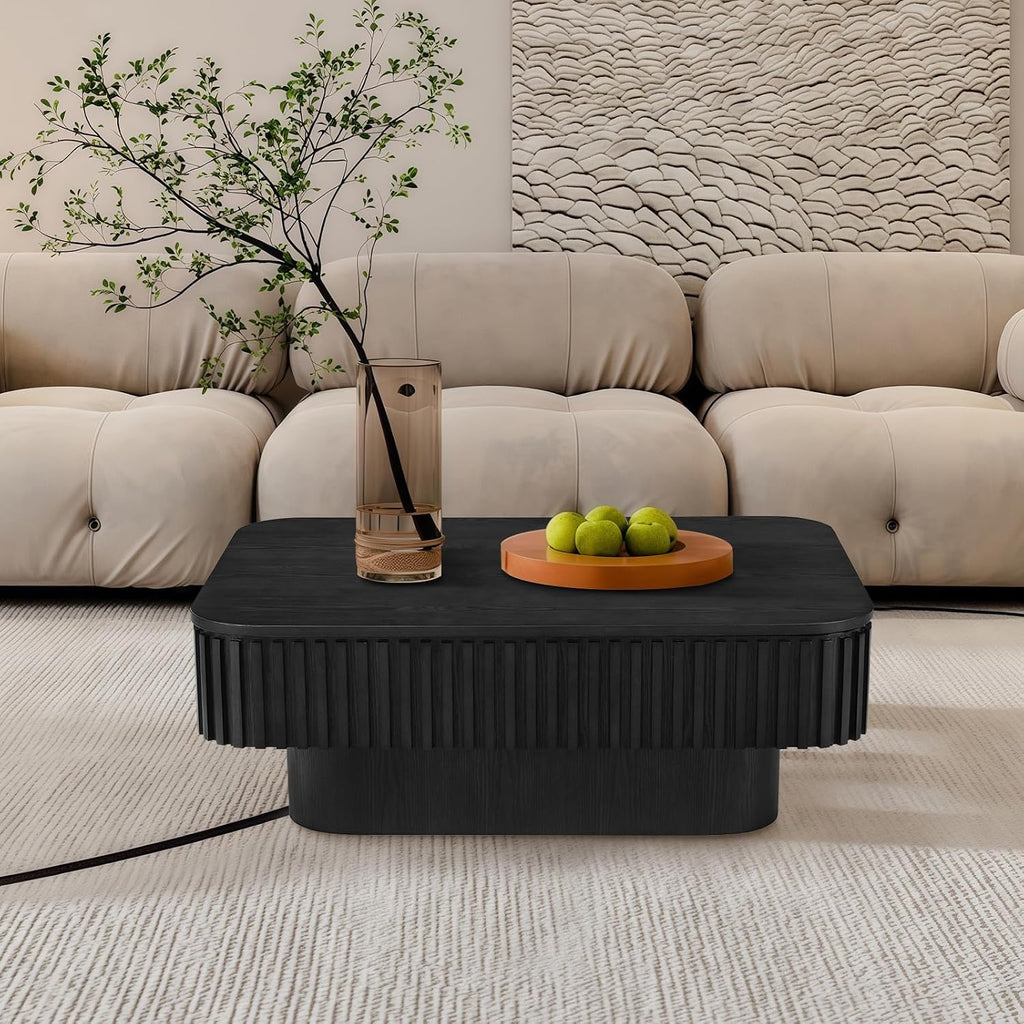 Lift Top Coffee Table for Living Room, Fluted Coffee Tables with Storage, Solid Wood Veneered Modern Accent Tea Center Table for Small Space Apartment (Black-38.6''D×26.8''H)