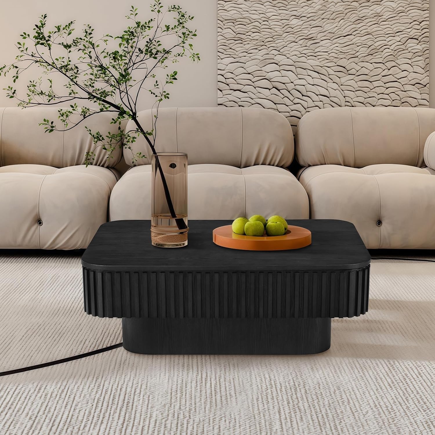 Lift Top Coffee Table for Living Room, Fluted Coffee Tables with Storage, Solid Wood Veneered Modern Accent Tea Center Table for Small Space Apartment (Black-38.6''D×26.8''H)