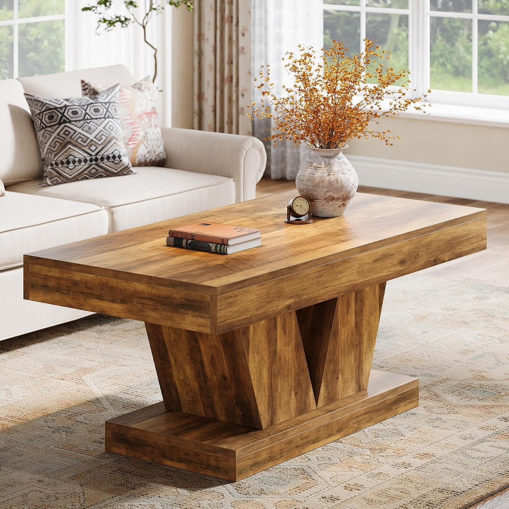 Tribesigns Farmhouse Rectangular Coffee Table, 47.2' Mid-Century Wooden Center Table with Thick Sculptural Base, Modern Rustic Accent Furniture for Living Room, Rustic Brown