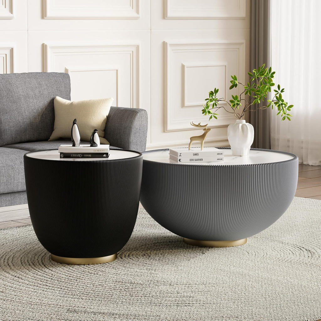 Round Coffee Table Set of 2, Sintered Stone Grey Coffee Table with Black End Table, Nesting Tables for Living Room, Accent Side Table for Apartment Home Office, No Need Assembly