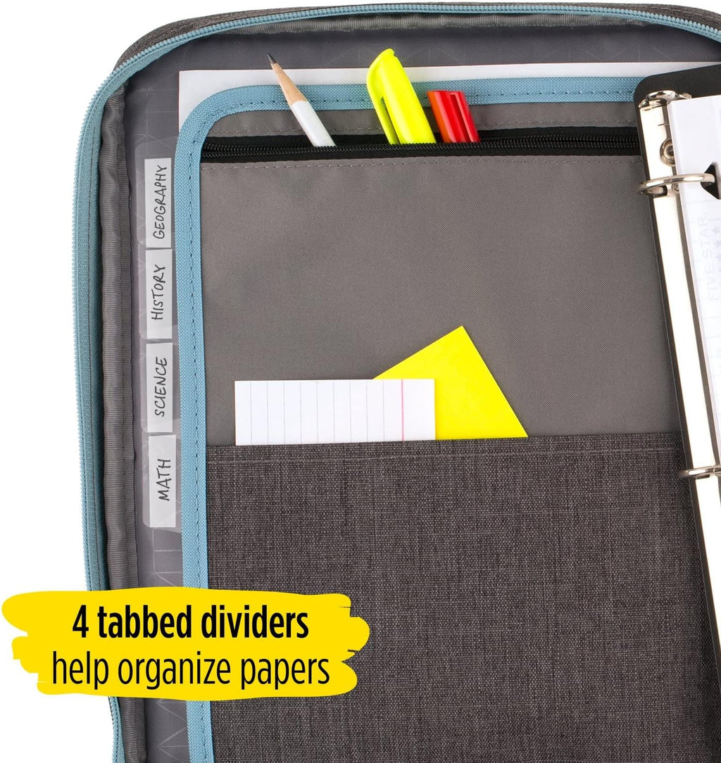 Five Star Zipper Binder, 1 Inch 3-Ring Binder with Round Rings, Carry-All with Pockets and 4-Tab Dividers, 375 Sheet Capacity, Gray/Mint (29092BH0) (Pack of 8)
