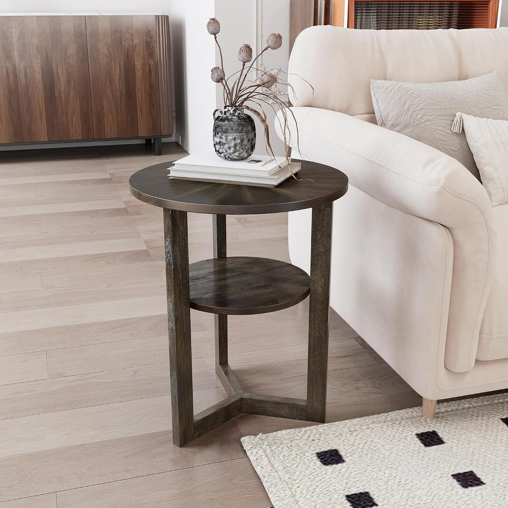 PADMA HOUSE 19.3' Round Wood End Table, 2-Tier Solid Wood Rounded Accent Side Table Circle Nightstand Table with Storage Shelf Vintage Furniture for Home Living Room Bedroom,Black Brown 3338BK