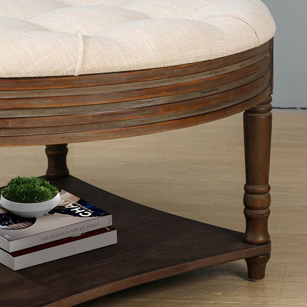 Large Round Storage Ottoman Coffee Table, 2 Tier Modern Upholstered Ottoman Footstool with Storage Shelf Tufted Linen Farmhouse Circle Coffee Table for Living Room (Beige)