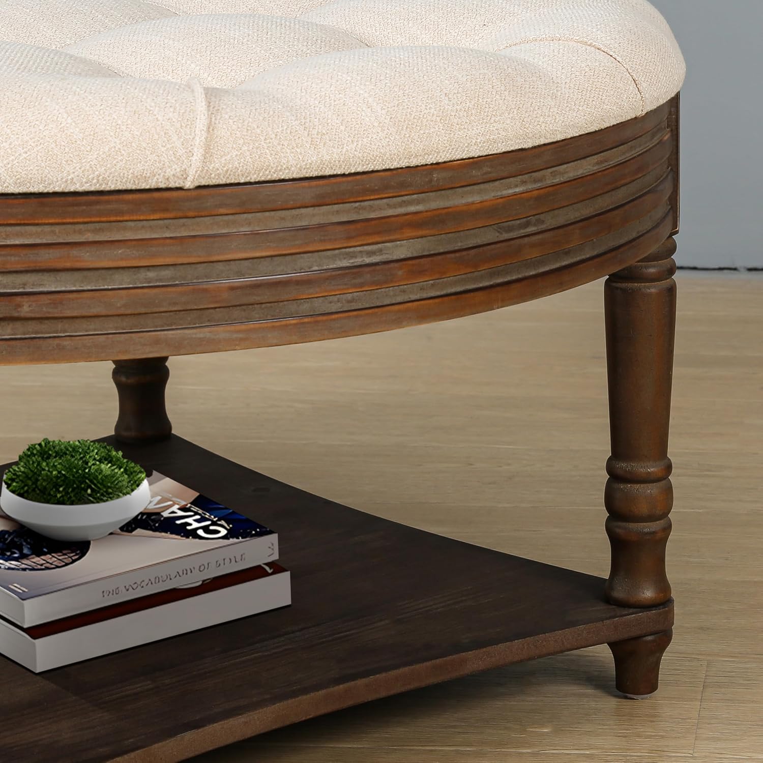 Large Round Storage Ottoman Coffee Table, 2 Tier Modern Upholstered Ottoman Footstool with Storage Shelf Tufted Linen Farmhouse Circle Coffee Table for Living Room (Beige)