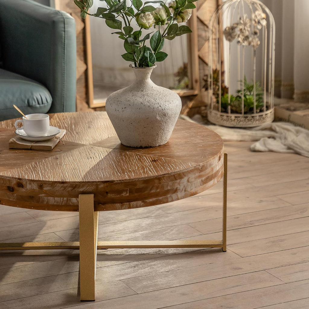 Setawix Farmhouse Round Coffee Table for Living Room, 31.29' Small Side End Table, Wood Retro Splicing Coffee Table, Modern Accent Coffee Table Entry Way Table with Gold Metal Cross Leg