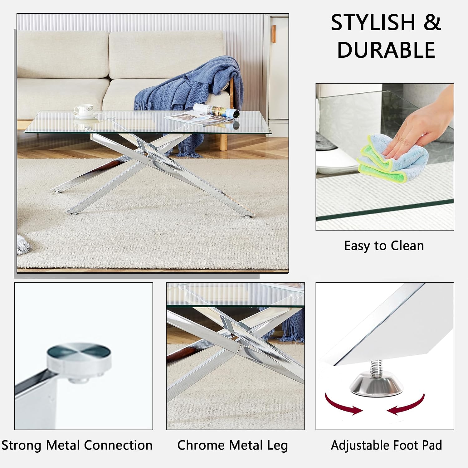 Glass Coffee Table Set of 3, Modern Glass Coffee Table with 2 Square Side Tables,3 Piece Living Room Table Set with Clear Tempered Glass Tabletop & Silver Metal Legs for Apartment Home Office