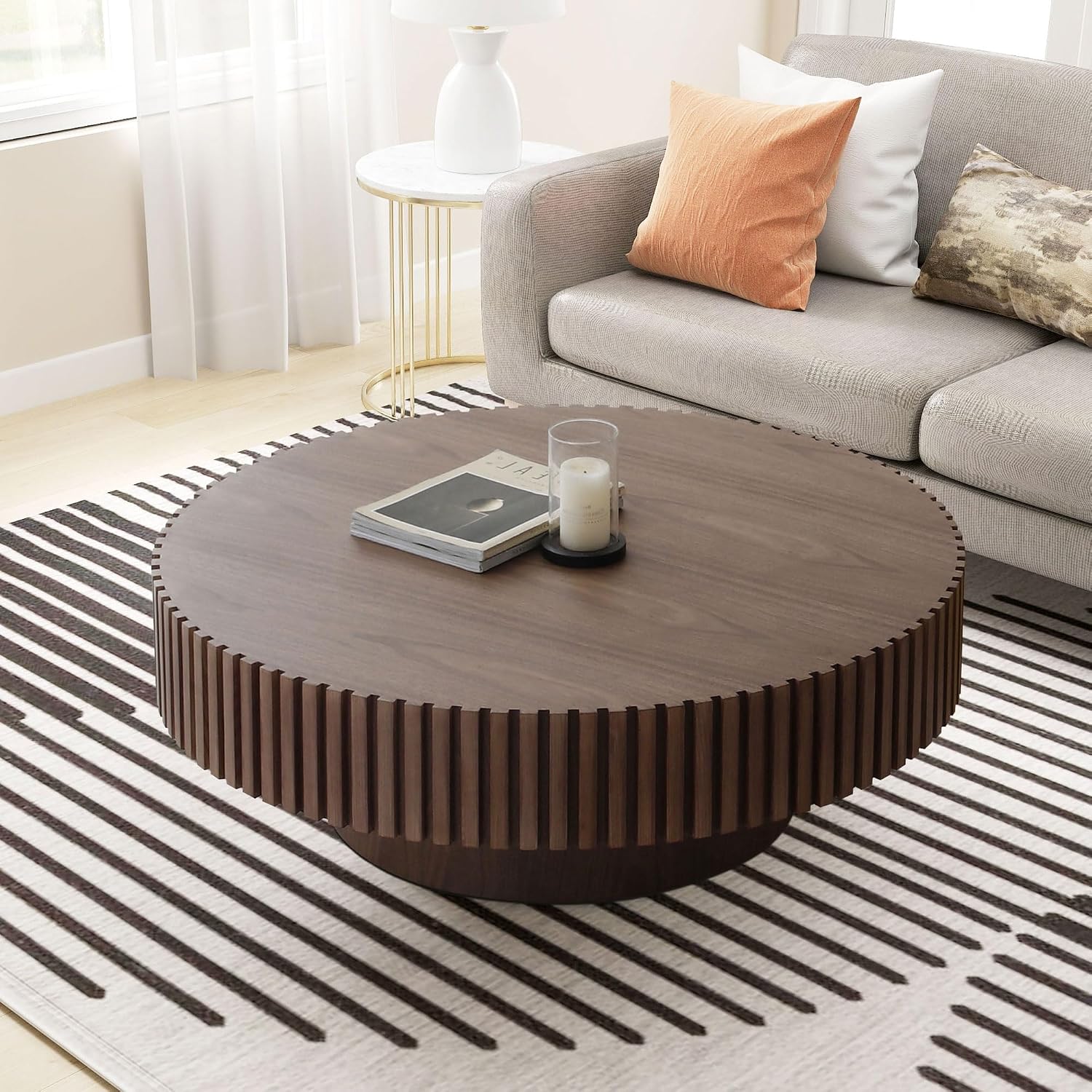 39.4 Inch Round Coffee Table for Living Room, Modern Wooden Circle Center Table with Solid Wood Veneer, Easy Assembly, Walnut