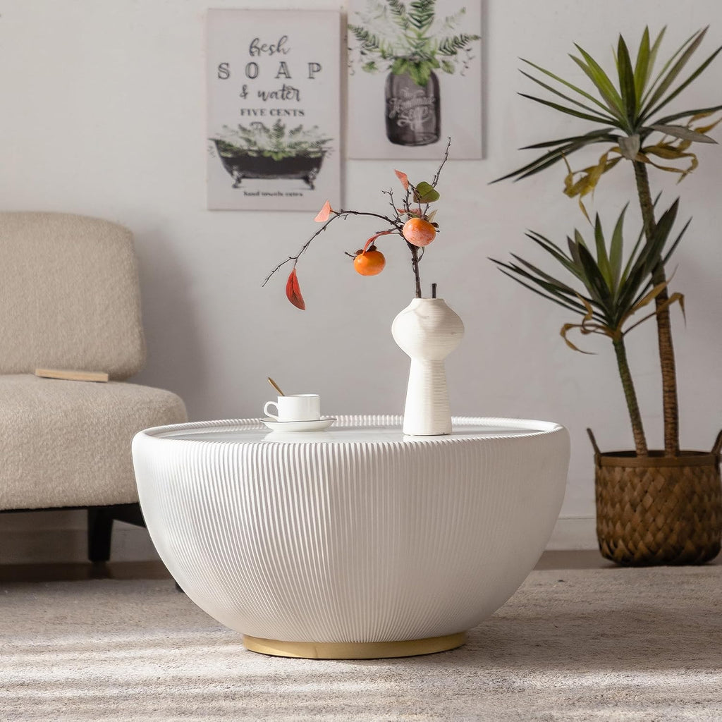 29.53' Round Coffee Table, Modern Cocktail Tables with Decorative Vertical Texture, 29.53 inch White Bowl Center Tables, Accent Sintered Stone Coffee Table for Living Room Apartment Office