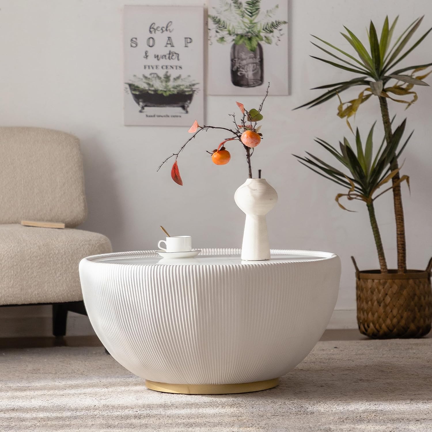 29.53' Round Coffee Table, Modern Cocktail Tables with Decorative Vertical Texture, 29.53 inch White Bowl Center Tables, Accent Sintered Stone Coffee Table for Living Room Apartment Office