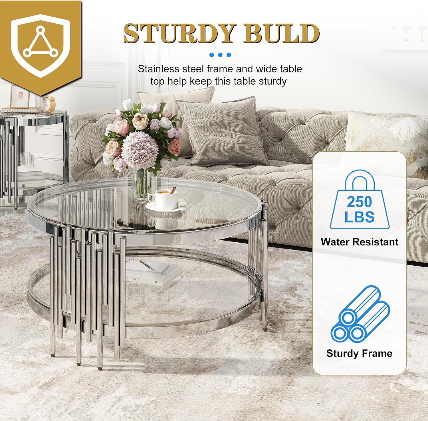 Round Glass Coffee Table Set of 3, Silver and Clear Modern Living Room Table Set, Includes 1 Coffee Table & 2 End Tables, Stainless Steel Base Tempered Glass Top, Luxury Furniture for Home Office