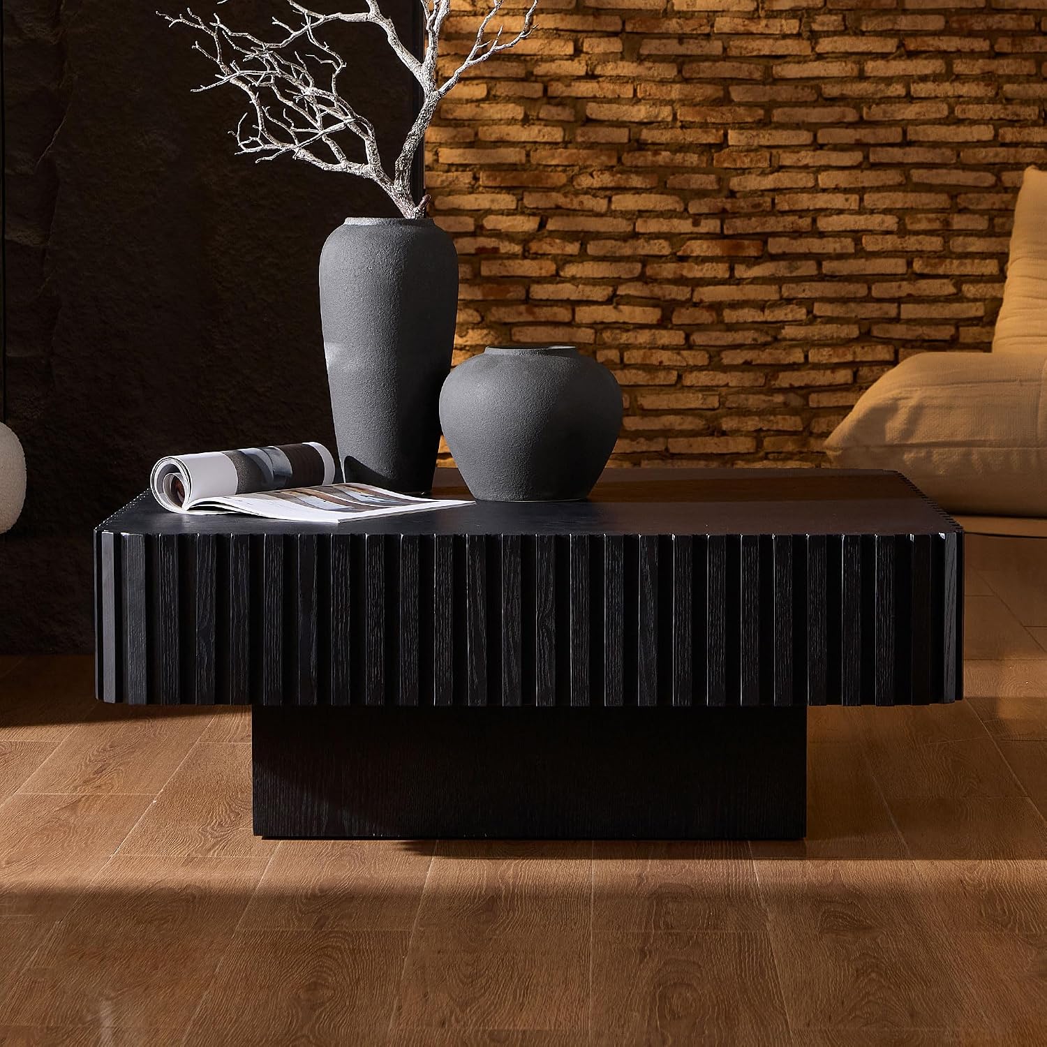 WILLIAMSPACE 35.43' Square Coffee Table with Sturdy Base, Modern Luxury Wood Drum Center Table Accent End Side Table for Living Room, Minimalist Fluted Design, Black