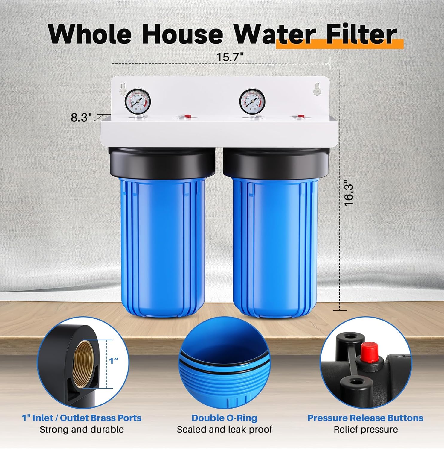 PUREPLUS 2-Stage Whole House Water Filtration System, Reduces Chlorine, Odor, Heavy Metals & Rust, with Pressure Gauges, 10' x 4.5' Housing, 1' Inlet/Outlet, PP Sediment & KDF Carbon Block Filters