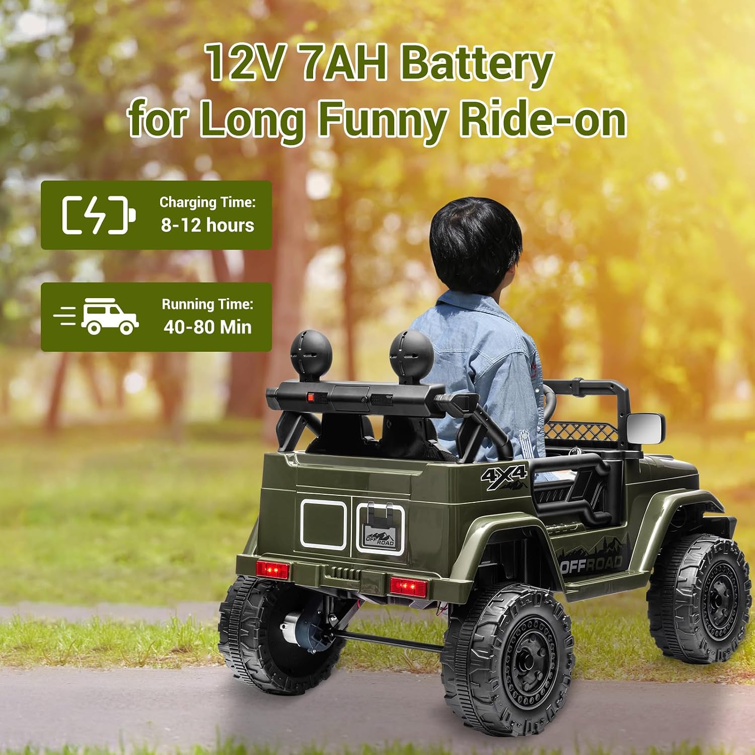 SEHOMY 12V Kids Ride On Truck with Parent Remote, 4 Wheels Battery Powered Electric Car for Kids Toys - 3 Speed, Spring Suspension, LED Lights, Safety Start, Music, Kids Electric Vehicles Dark Green