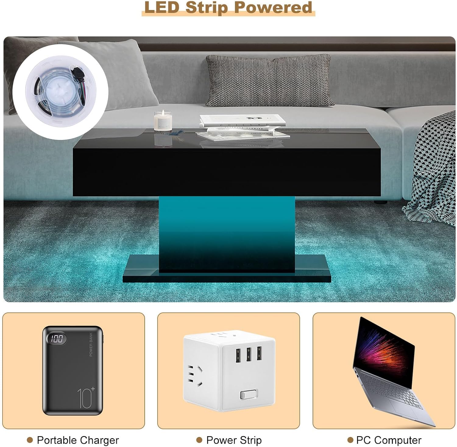 HedoAjim Led Coffee Table for Living Room, Living Room Table Rectangular Center Table, Modern High Glossy Wooden Coffee Tables with 16 Colors LED Lights for Dining Reception Room, Black