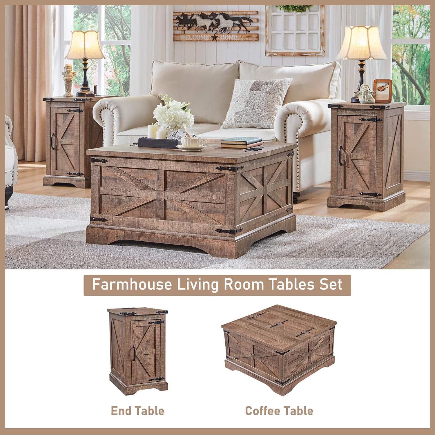 JXQTLINGMU Farmhouse Nightstand Set of 2 with Charging Station, 17'D Rectangular End Table with Barn Door & Adjustable Storage Shelf, Wood Rustic Sofa Side Table for Living Room, Bedroom, Light Brown