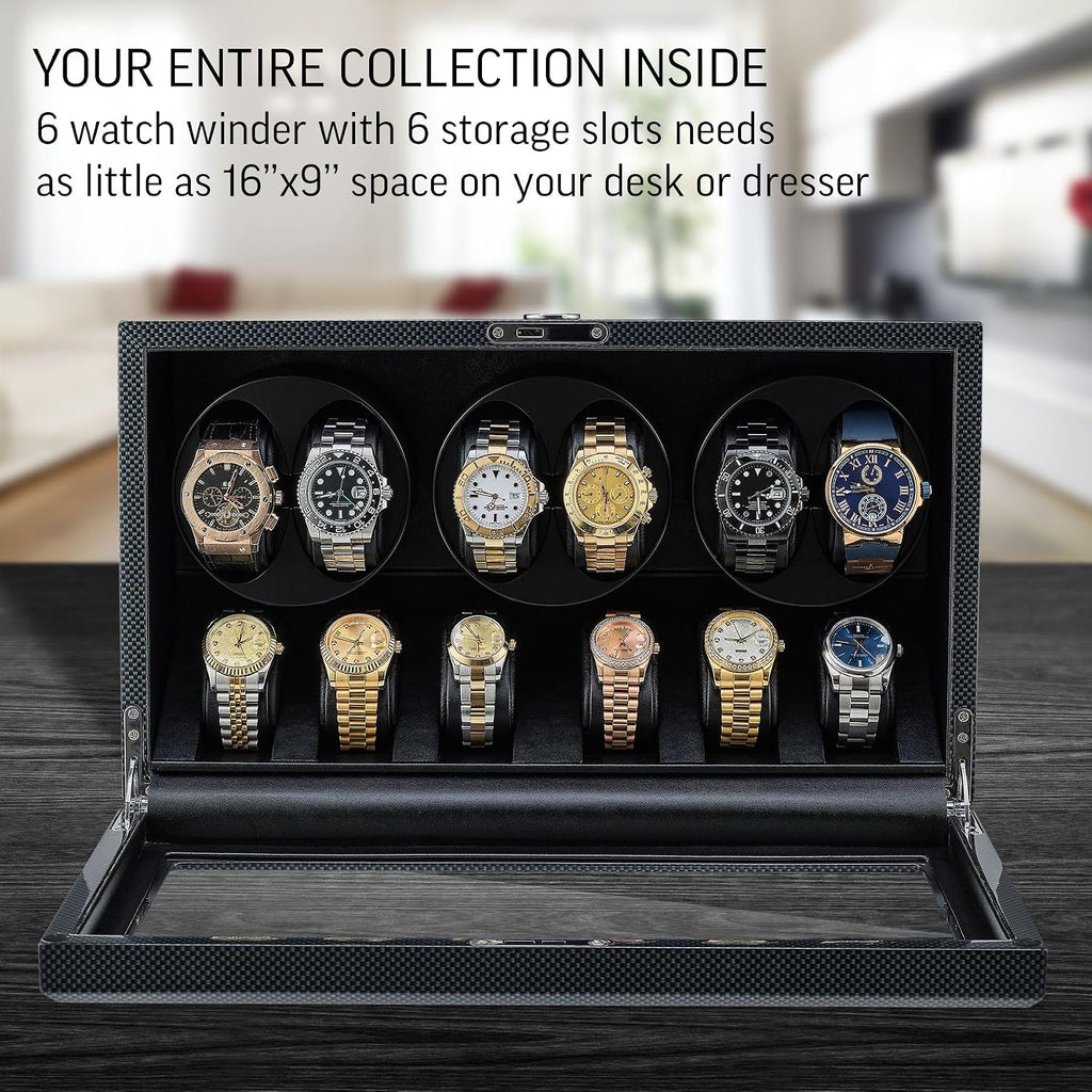 TIMECUBE Watch Winder with 6 Storage Slots, LED Light and Automatic Motor-Stop Option
