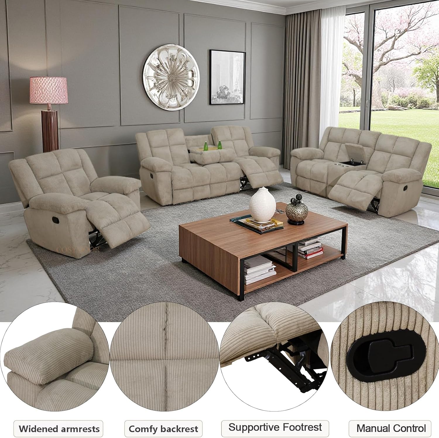 Corduroy Recliner Sofa Set with Cup Holder, 3 Pieces Living Room Furniture Sets, Manual Corduroy Sofa Set with Storage, Modern Reclining Couches for Living Room/Office