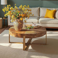 Round Wood Coffee Table for Living Room - Circle Wooden Coffee Table with Gold Metal Legs, Rustic, Vintage, Easy Assembly(Espresso,32.28' D x 32.28' W x 17.72' H)