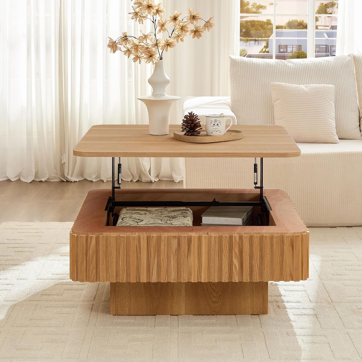 WILLIAMSPACE 35.43' Lift Top Coffee Table with Hidden Storage & Sturdy Base, Modern Luxury Square Wood Handcraft Drum Center Table Accent End Tea Table for Living Room, Minimalist Fluted Design, Oak