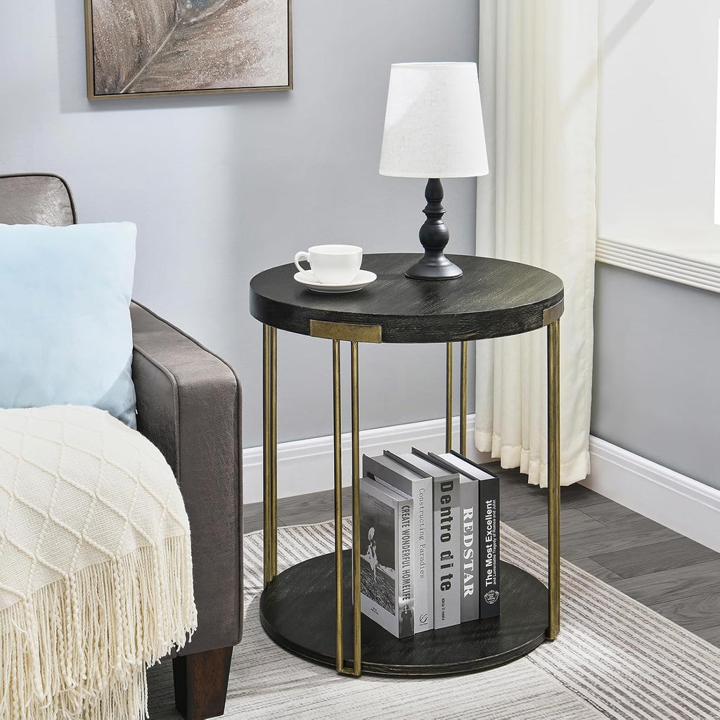 Biaco Modern Industial Round Side Table, Circle Coffee End Table Bedside Nightstand for Living Room & Small Space Decor, Birch Veneer Textured & Gold Metal Legs, Black Gold