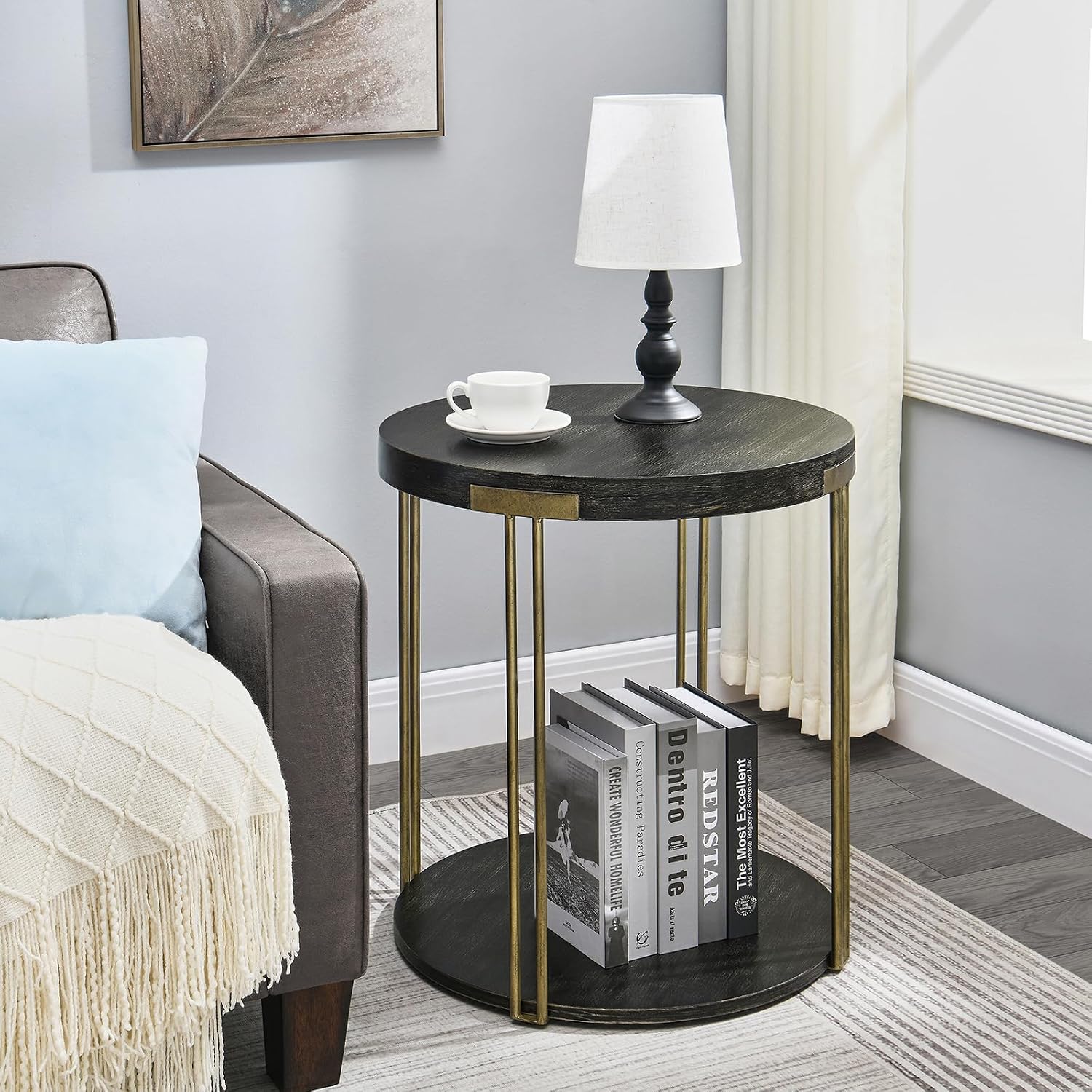 Biaco Modern Industial Round Side Table, Circle Coffee End Table Bedside Nightstand for Living Room & Small Space Decor, Birch Veneer Textured & Gold Metal Legs, Black Gold