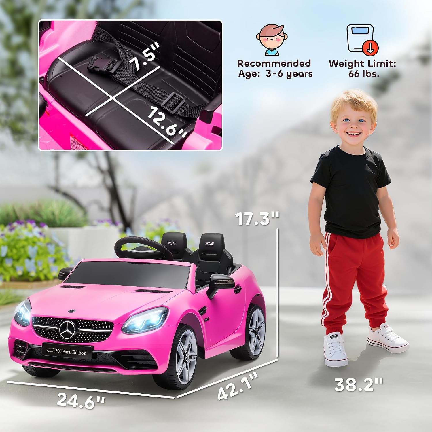 Aosom Mercedes SLC 300 Licensed 12V Ride On Car for Kids with Remote Control, 2 Speeds, Battery Powered Kids Electric Car with Music, Lights, Suspension for 3-6 Years Old, Pink
