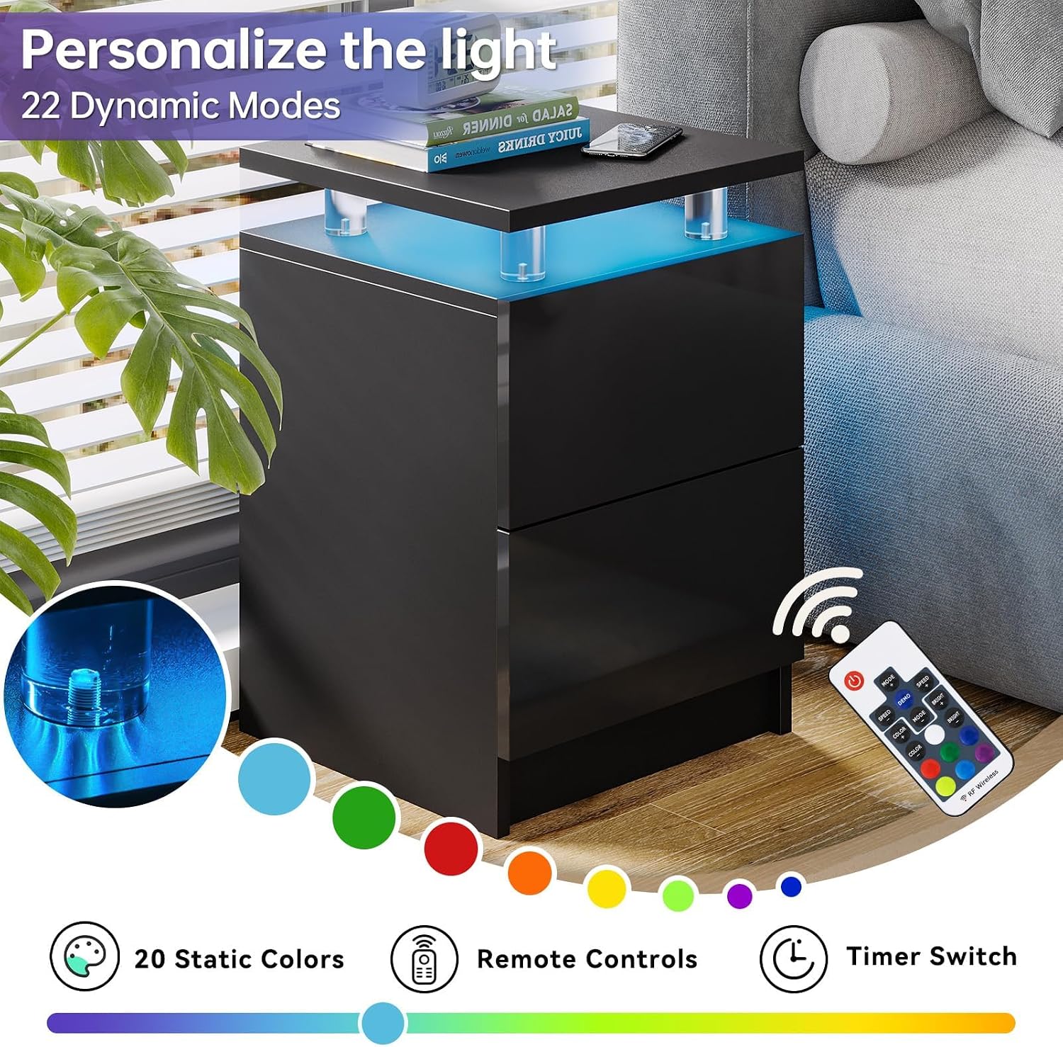 3-Piece Modern Black Living Room Set, LED Lighted Coffee Table + 2 End Tables with Storage Drawers, Black