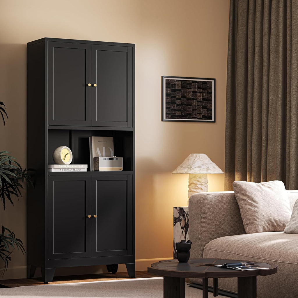 69' H Kitchen Pantry Cabinet with Countertop,Kitchen Hutch Cabinet with Storage,Black Metal Storage Cabinet,Microwave Cabinet,