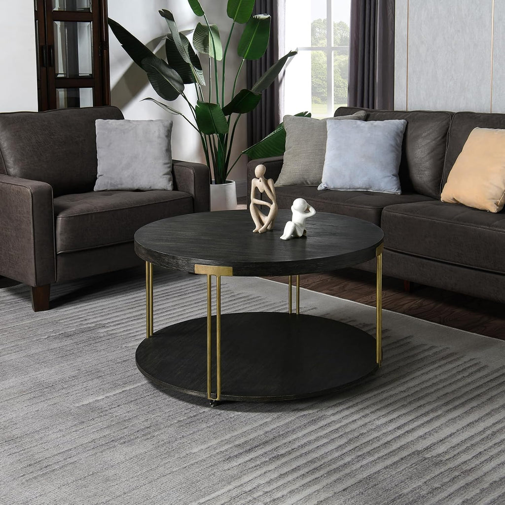Biaco Round 35' Coffee Table with Wheels for Living Room, Modern Industrial Retro 2 Tier Circle Large Center Table, Wooden Textured Top & Antiqued Golden Metal Legs,Black Gold
