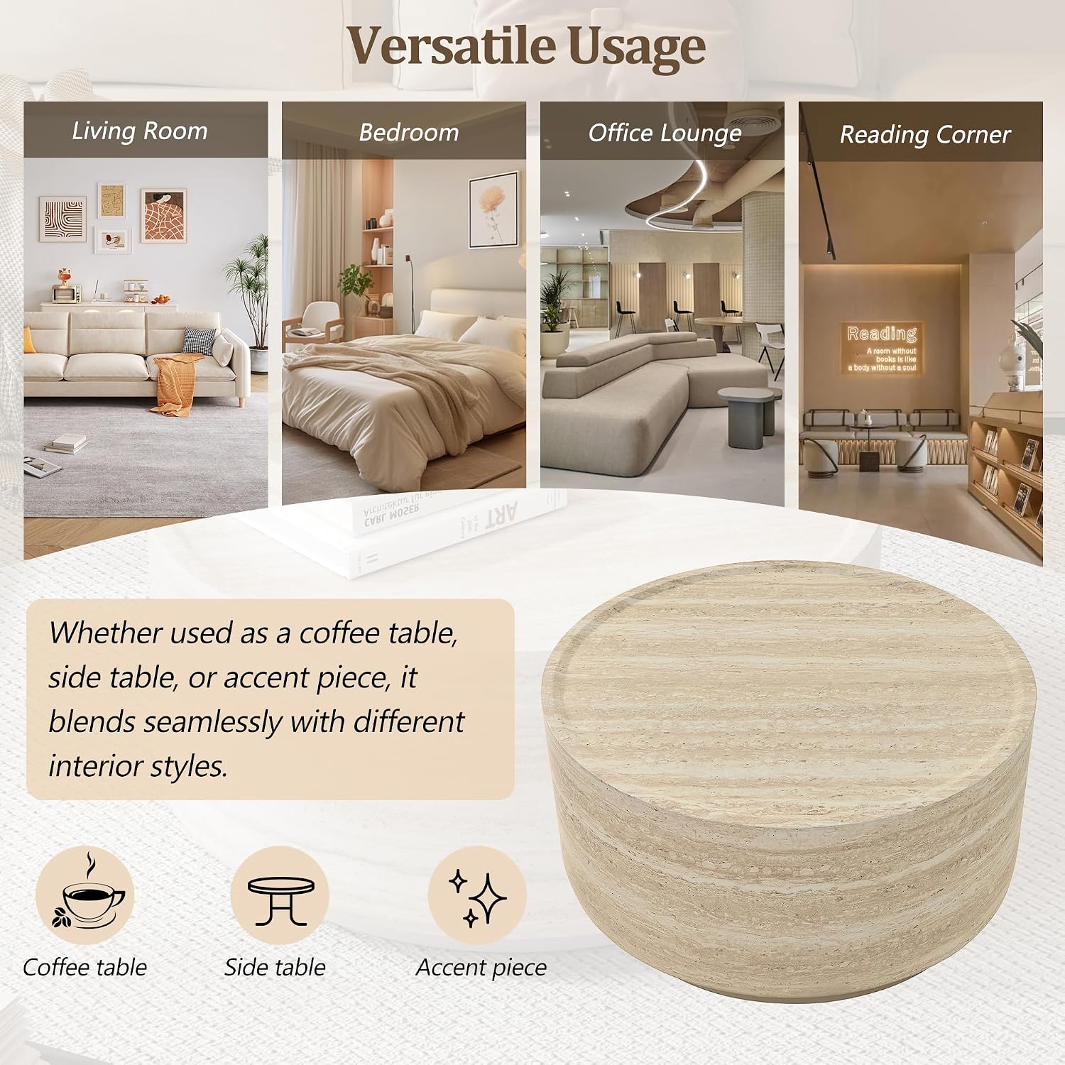 LUMISOL 27.5' Round Coffee Table, Faux Marble Center Table with Drum Design, Contemporary Side Table with Durable Construction for Living Room, Office, Apartment, No Assembly Required, Beige