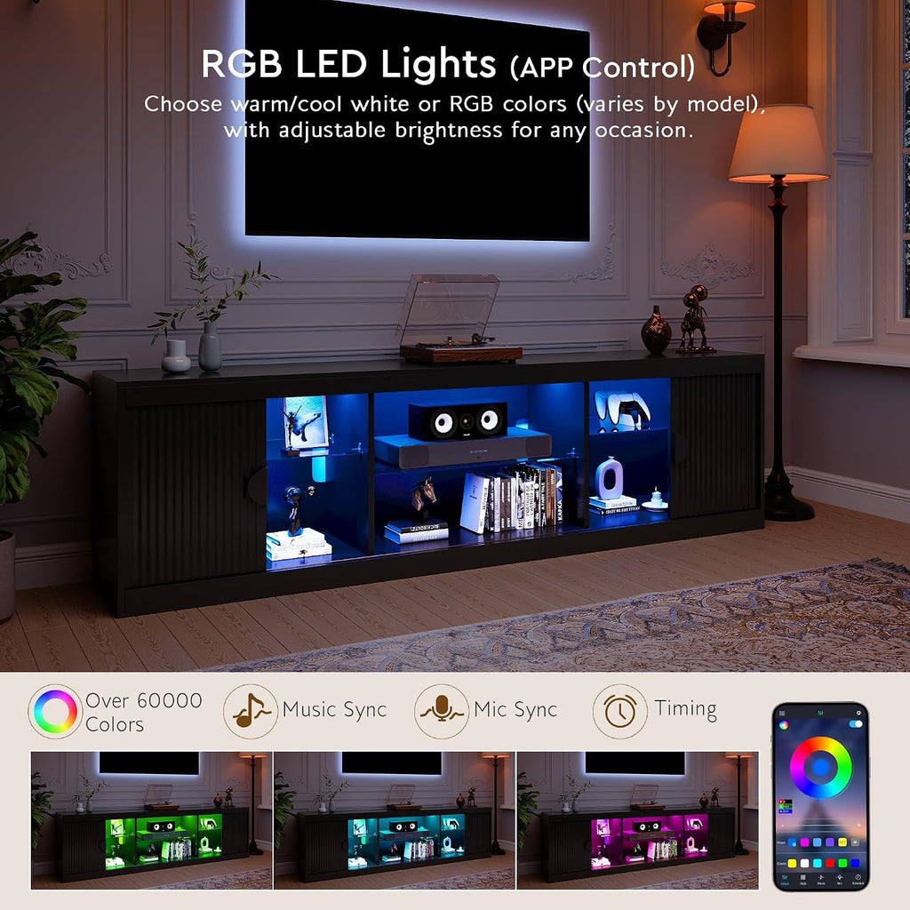 LGHM 70'' Black TV Stand with Lighting, Stylish Modern Entertainment Center with Slip Doors for TVs Up to 80', Media Console for Living Room