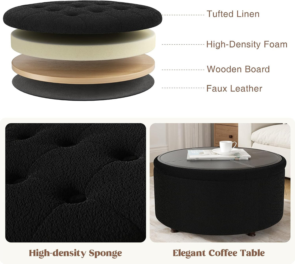 30 Inch Round Storage Ottoman,Modern Tufted Ottomans,Circular Coffee Table with Removable Top,Upholstered Large Ottoman with Storage Footrest Stool for Bedroom Living Room (Teddy Black)