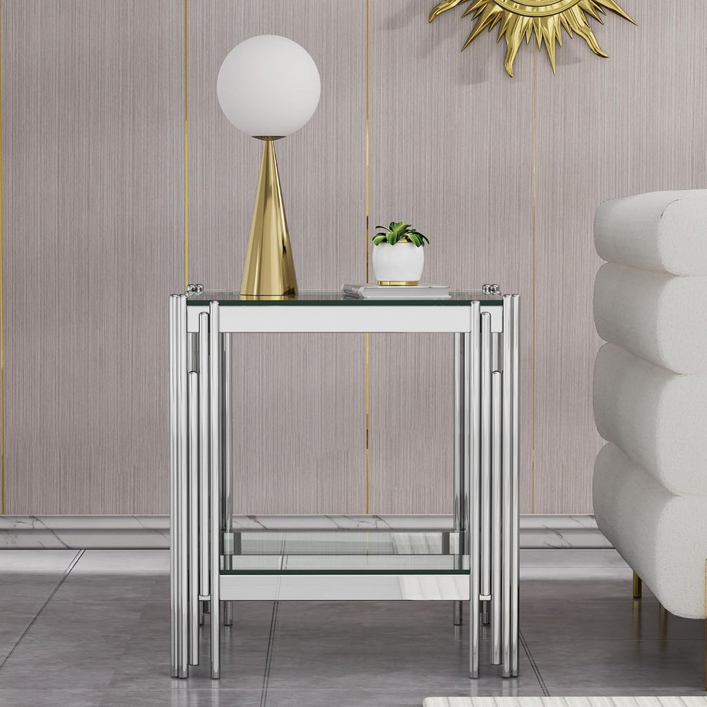 Modern Glass End Table,Sqaure Sofa Side Table with Shiny Geometric Stainless Steel Base,Clear Glass Accent End Table Bedside Table Nightstand for Living Room Bedroom Office