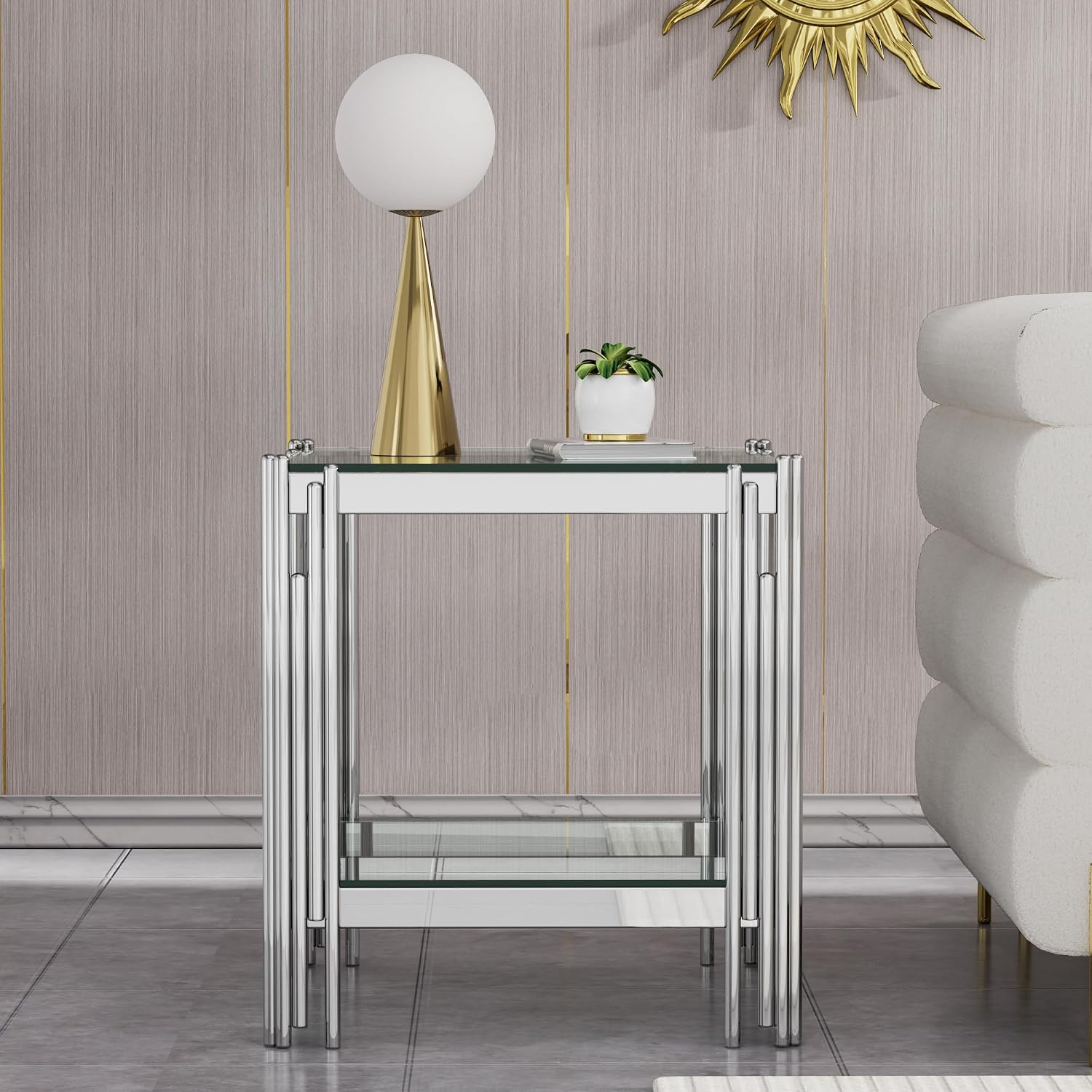Modern Glass End Table,Sqaure Sofa Side Table with Shiny Geometric Stainless Steel Base,Clear Glass Accent End Table Bedside Table Nightstand for Living Room Bedroom Office