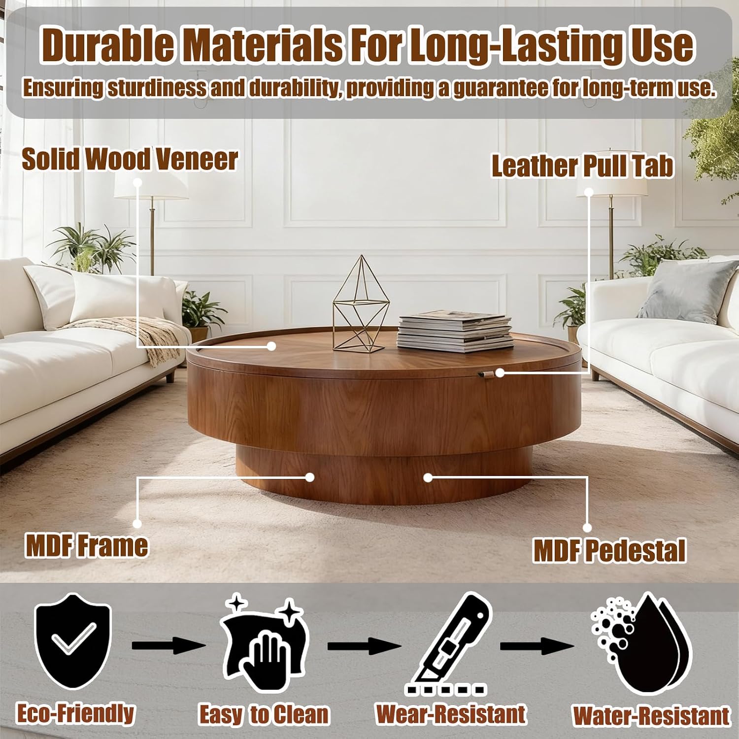 39.4'' Round Storage Coffee Table, Modern Drum Coffee Tables with Solid Wood Veneer, Wooden Circle Center Table for Living Room, Small Spaces, and Apartments, Easy Assembly