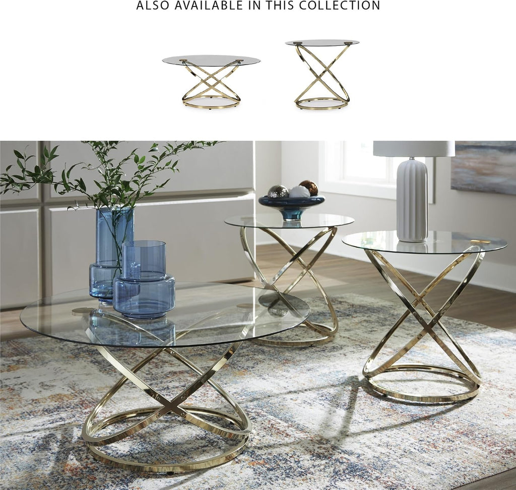 Signature Design by Ashley Crimonti Modern Table with Tempered Glass, Set of 3, Metallic & Clear