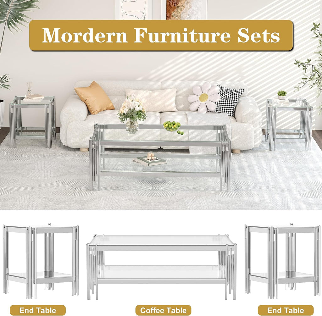 2-Tier Glass Console Table, Rectangle Console Table with Storage, Entryway Table with Stainless Steel Base, Rectangular Narrow Tables Sofa Table for Living Room Hallway, Clear&Silver