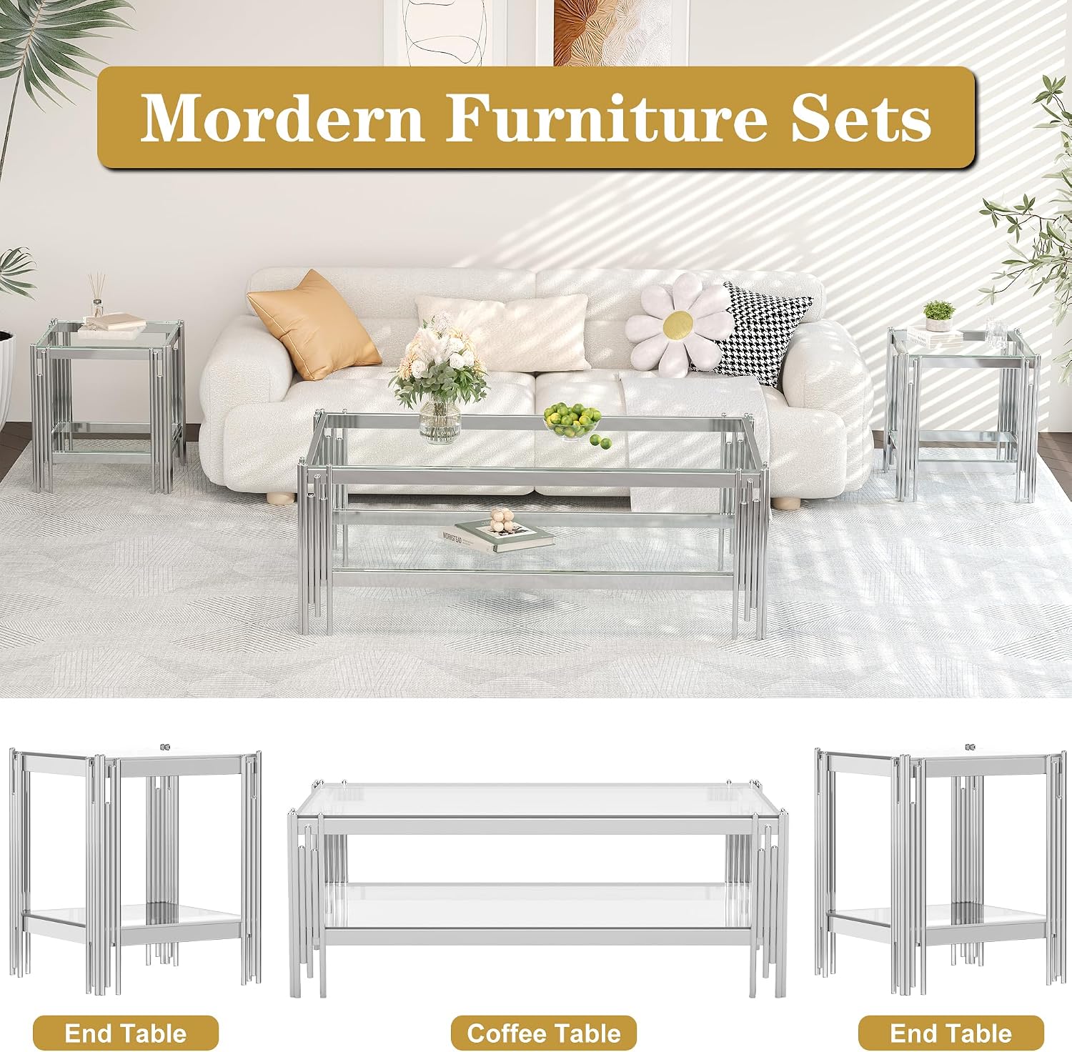 2-Tier Glass Console Table, Rectangle Console Table with Storage, Entryway Table with Stainless Steel Base, Rectangular Narrow Tables Sofa Table for Living Room Hallway, Clear&Silver