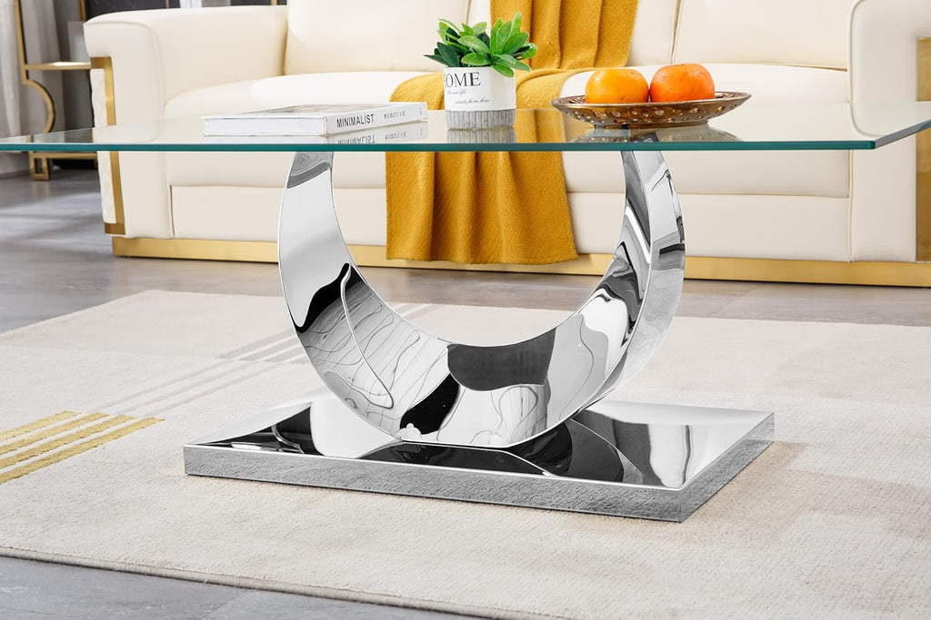 2 Pieces Living Room Table Set, Glass Coffee Table Set of 2, Modern Coffee Table and Console Table with U-Shaped Stainless Steel Base for Living Room (Silver)