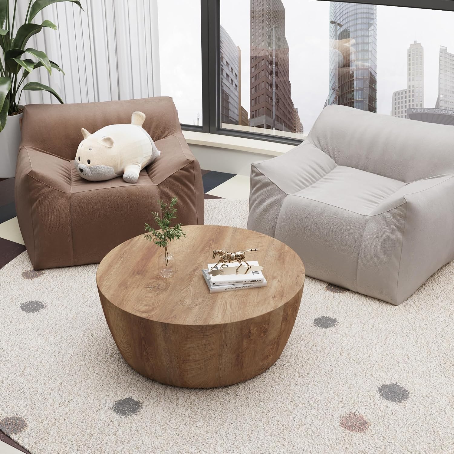 30' Round Coffee Table, Drum Coffee Tables for Living Room, Vintage Reversible Wooden Coffee Table, Mid Century Modern Center Table Tea Table for Bedroom or Office, No Need Assembly