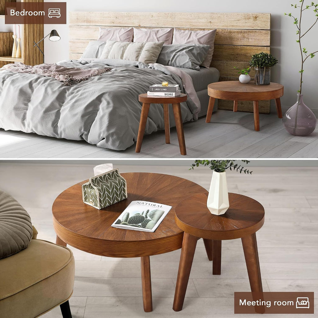 HOKYHOKY Farmhouse Round Coffee Table Set of 3, Boho Sofa Side Nesting Tables End Table Set with Wood Natural Finish for Living Room, Bedroom, Home Office,Brown