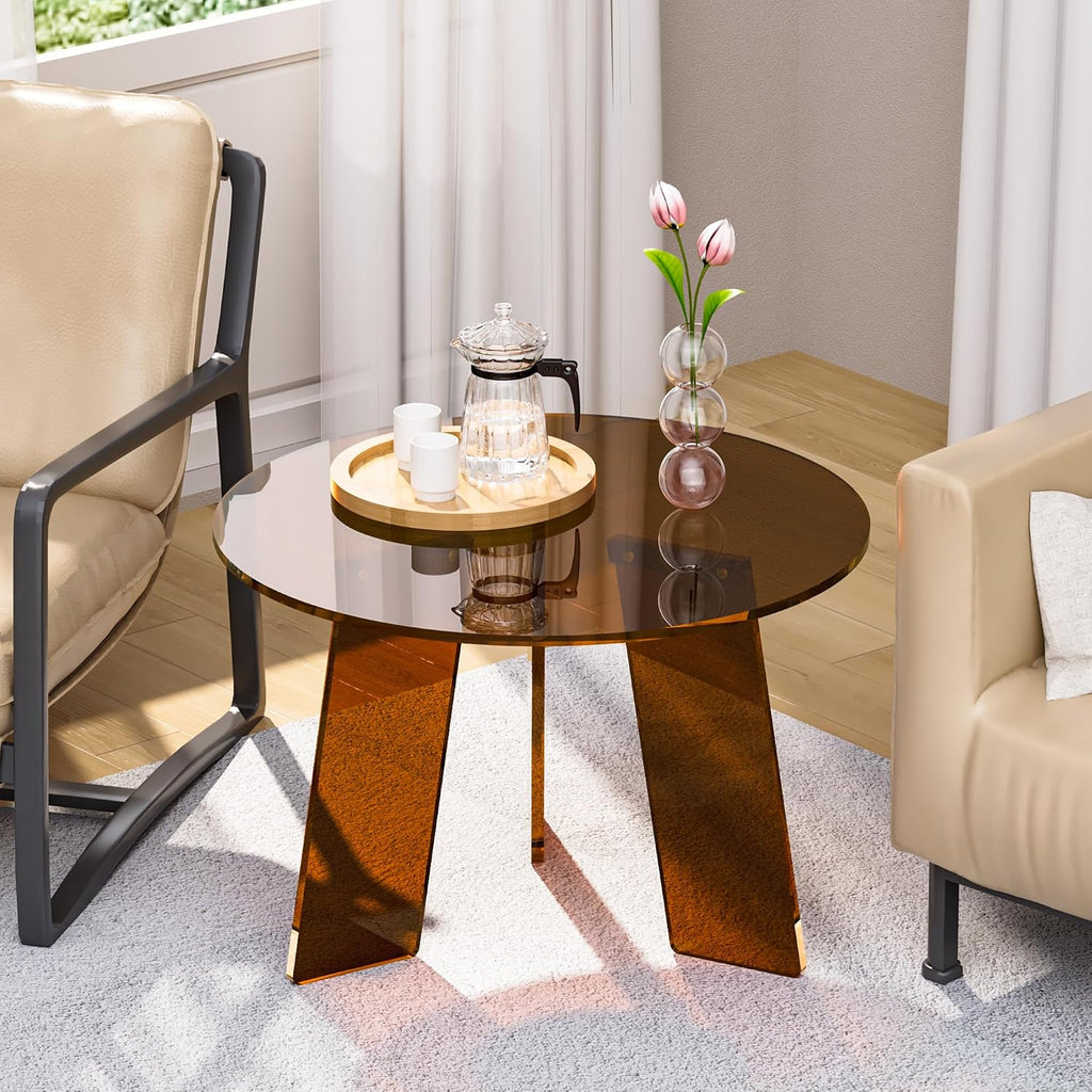 Acrylic Coffee Table Round, Clear Circle Modern Lucite Side Table Legs for Living Room, Bedroom, Office (Dark Brown, 23.6' × 15.7')