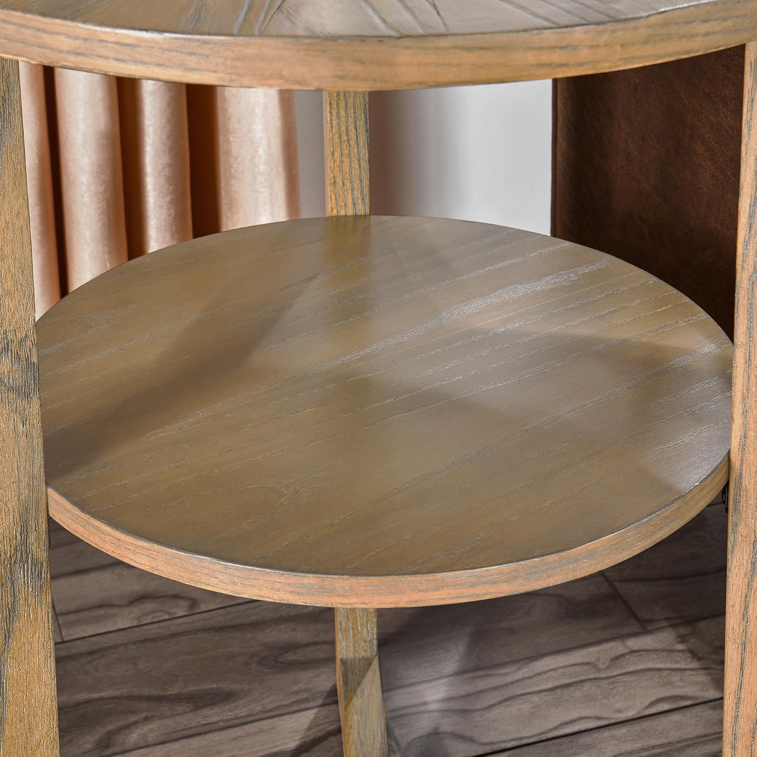 PADMA HOUSE 19.3' Round Wood End Table, 2-Tier Solid Wood Rounded Accent Side Table Circle Nightstand Table with Storage Shelf Vintage Furniture for Home Living Room Bedroom,Rustic Natural 3338