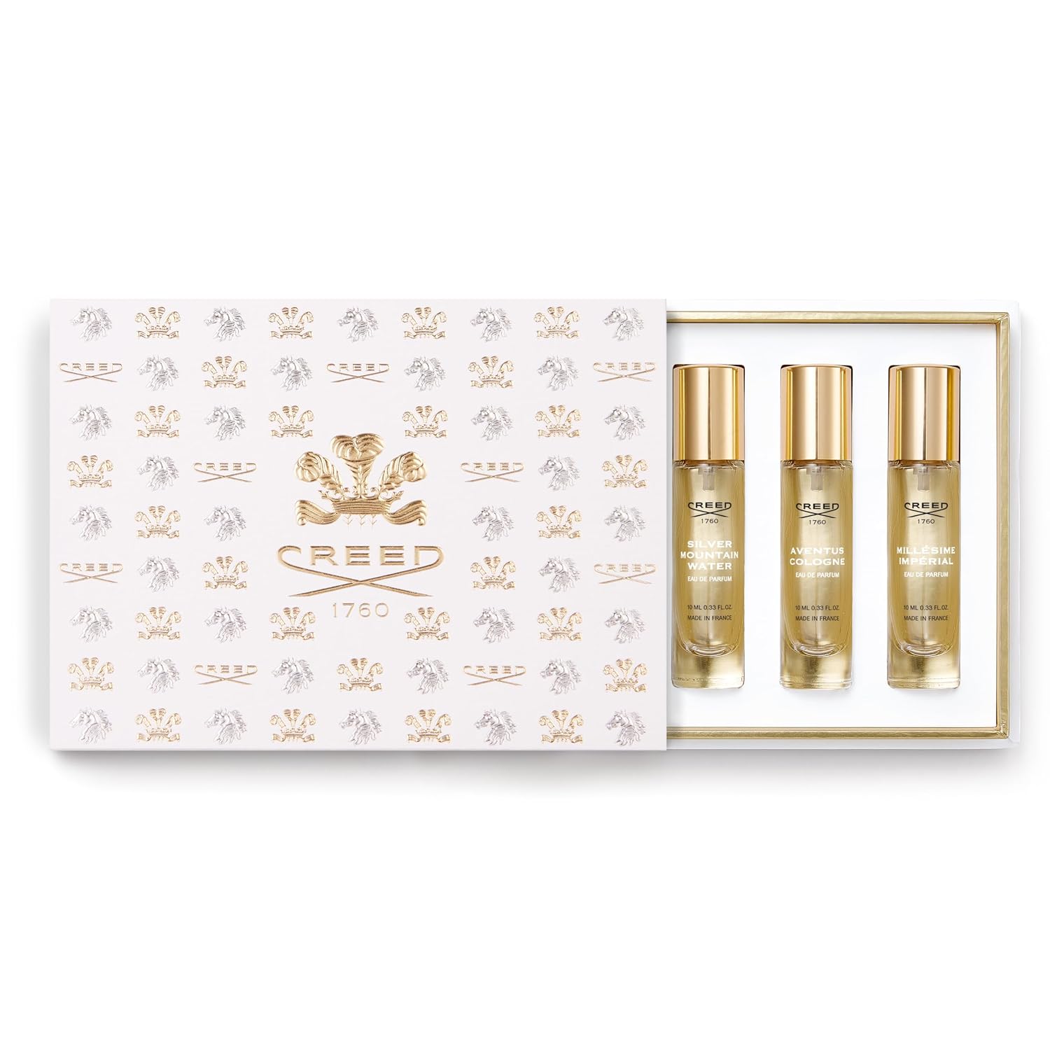House of Creed Men's Holiday Gift Coffret Set, Features 5 Signature Perfume Scents of Aventus, Aventus Cologne, Green Irish Tweed, Millésime Impérial, and Silver Mountain Water, 5 x 10ml